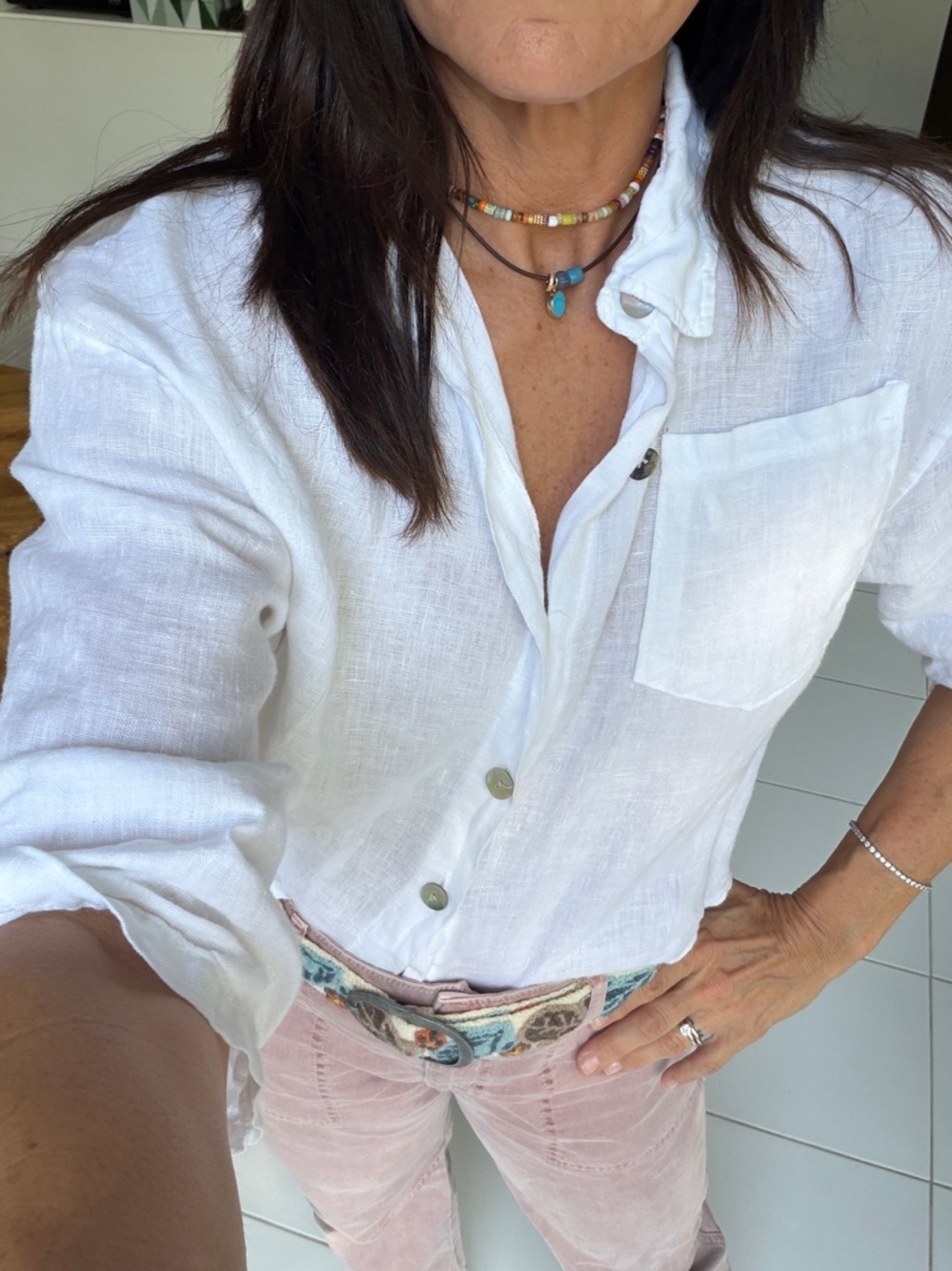 White Cropped Linen Button-Down Shirt